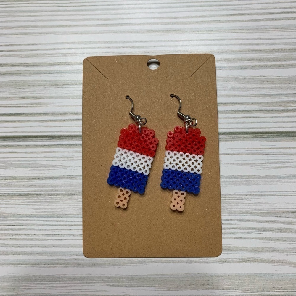 Handmade Pixel Bead Jewelry, 4th of July Popsicle Earrings, Novelty Earrings